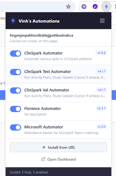 Extension popup showing the main interface with script toggle and install options